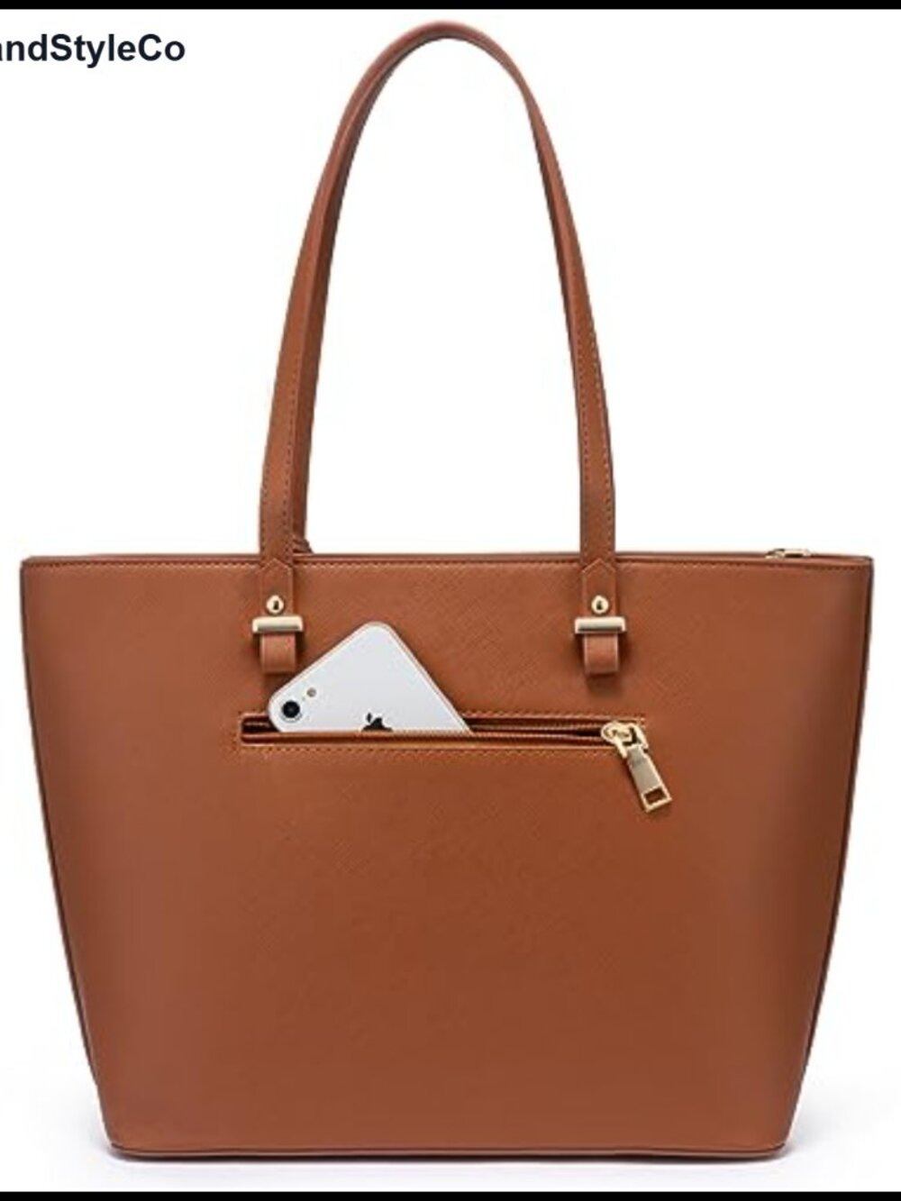 Faux Leather Tote Bag with External Pocket, Fits 13" Laptop, Top Handle Satchel